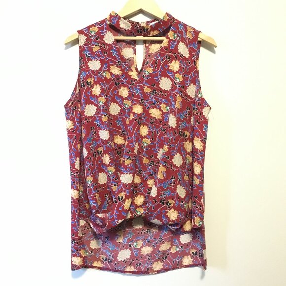 Valleygirl Burgundy Floral Sleeveless Keyhole Halter Neck Blouse - Picture 3 of 16